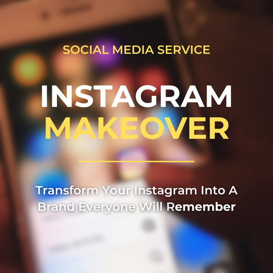 Promotional text for Instagram makeover service with a blurred phone screen in the background.