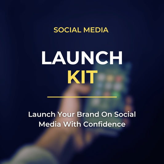 Promotional graphic for a social media launch kit with text and a blurred phone in the background.